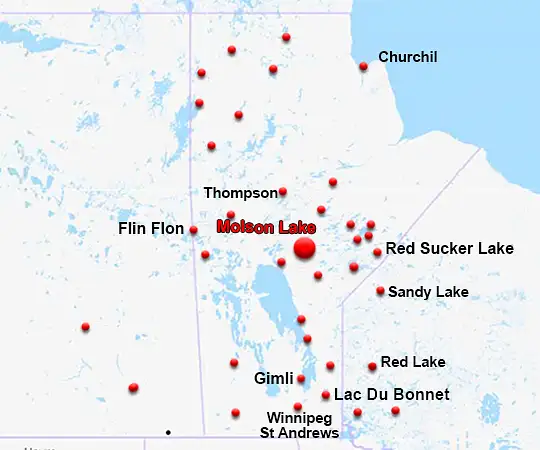 Map showing the location of Molson Lake Lodge in Manitoba